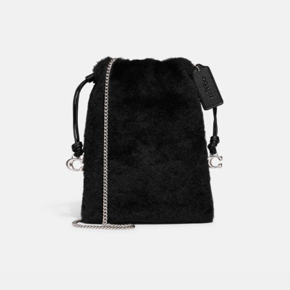 Coach Drawstring Pouch Crossbody Bag in Shearling & Leather Nickel/Black NWT - Picture 1 of 9